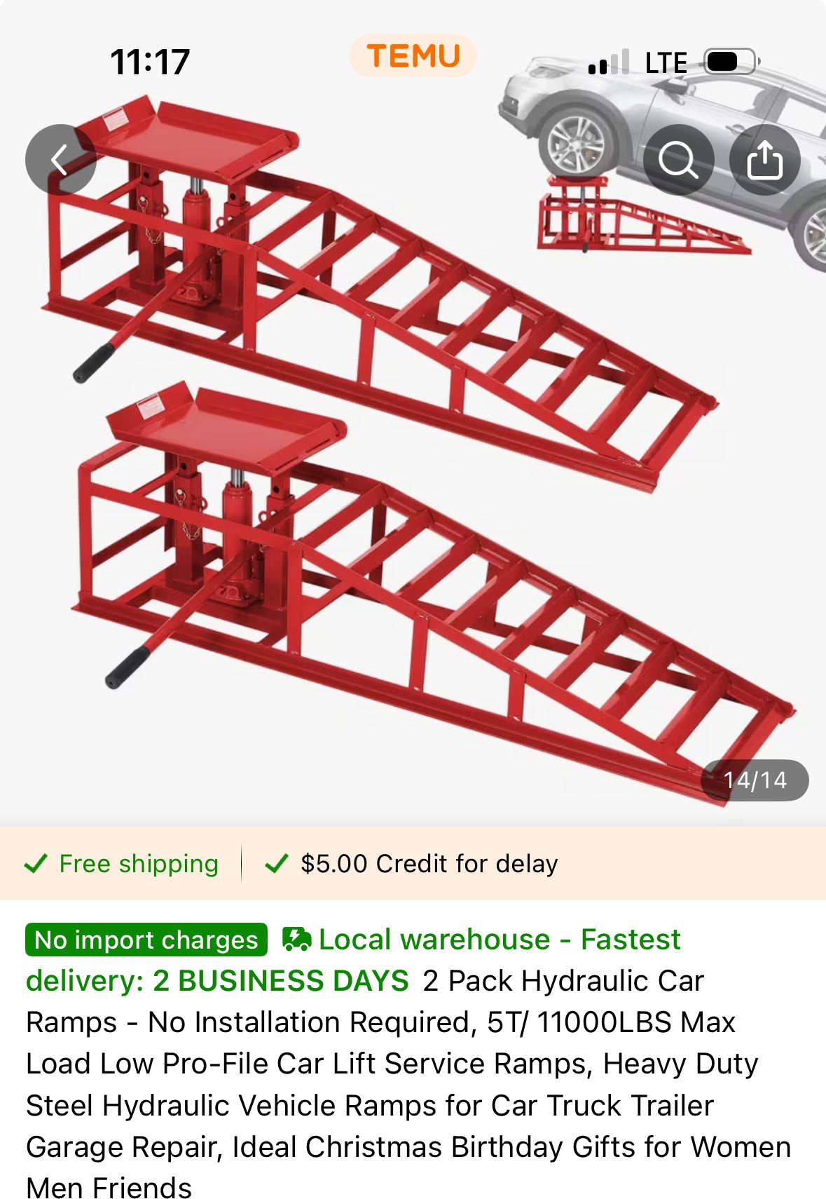 Hydraulic Car Ramps 2 Pack – 5 Ton (11,000 lbs) Heavy-Duty Steel Low Profile Lift