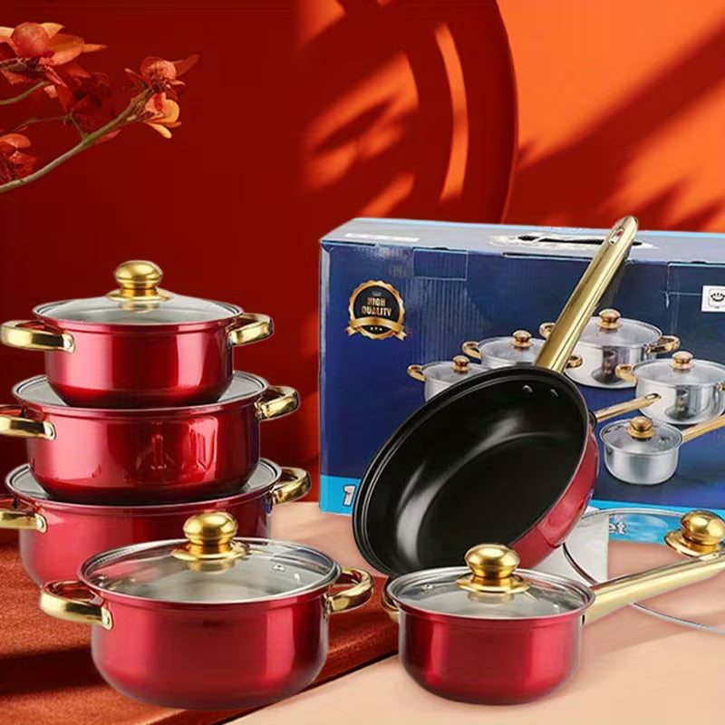 12pcs Cookware Set in Red, Made of Stainless Steel