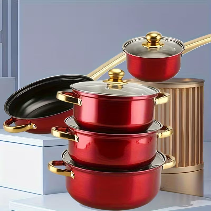 12pcs Cookware Set in Red, Made of Stainless Steel