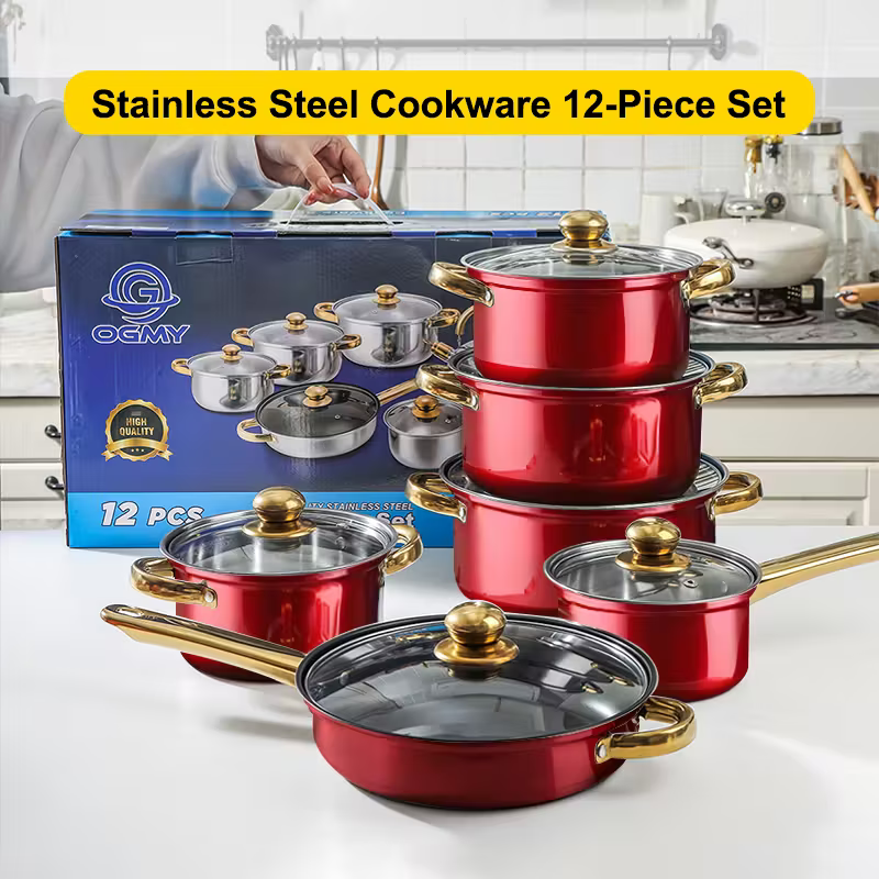 12pcs Cookware Set in Red, Made of Stainless Steel