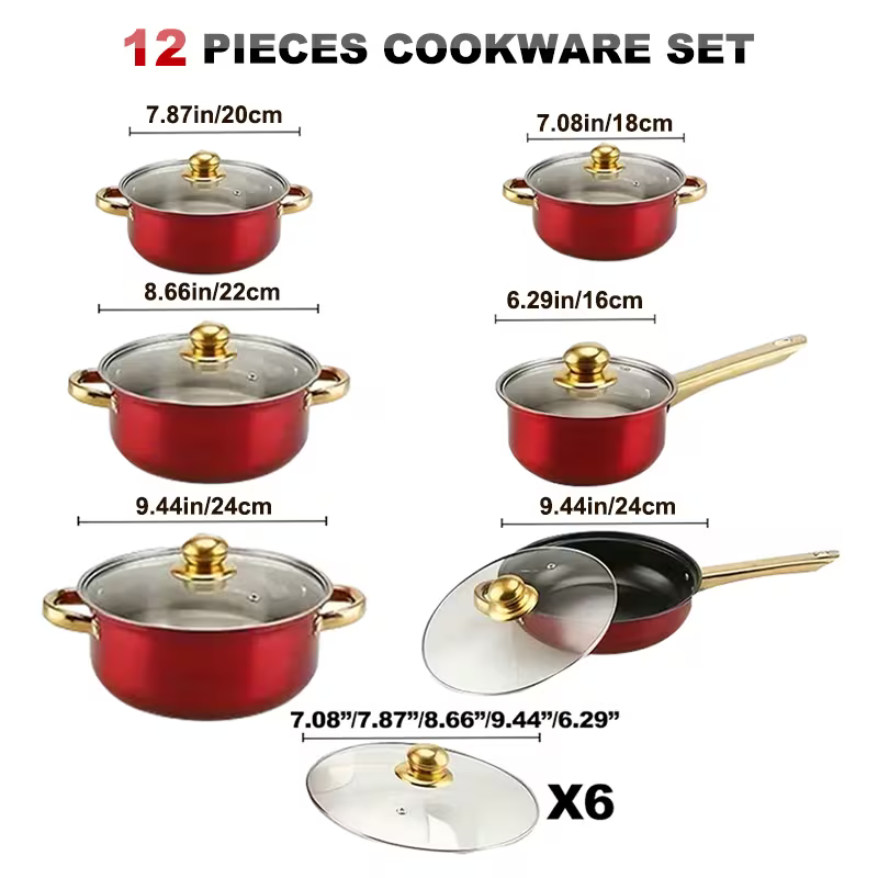 12pcs Cookware Set in Red, Made of Stainless Steel