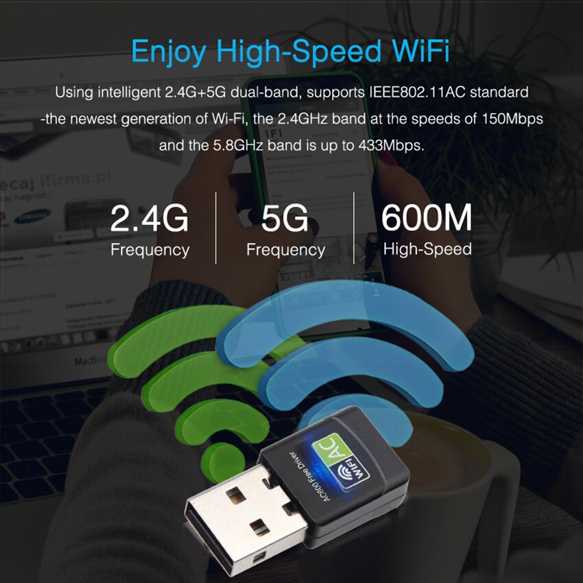 USB Ethernet WiFi Dongle 600Mbps 5Ghz