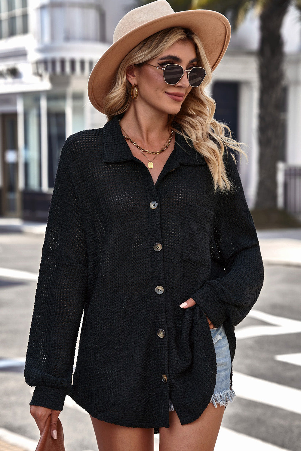 Waffle-Knit Collared Neck Dropped Shoulder Shirt