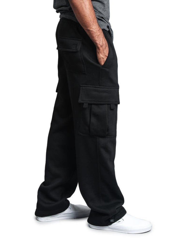 Men's Solid color elastic waist multi-pocket loose fit cargo pants