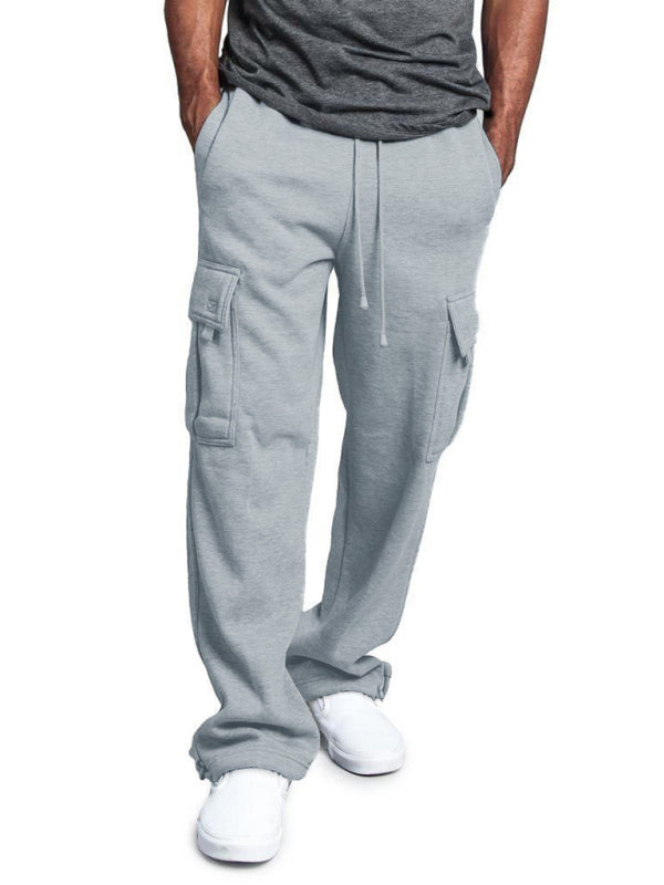 Men's Solid color elastic waist multi-pocket loose fit cargo pants