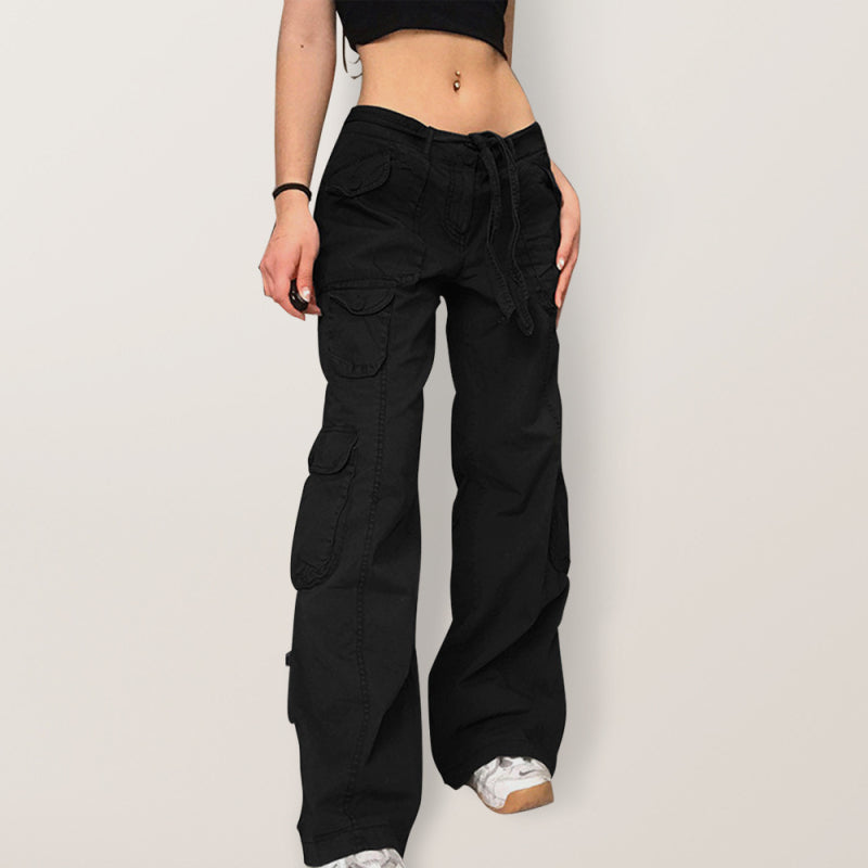 Multi-pocket work trousers low waist loose fitting casual denim trousers