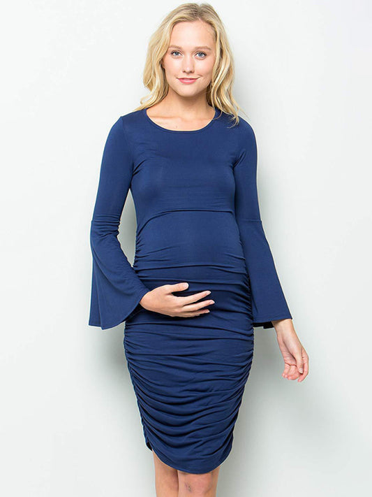 Women’s Ruched At Sides Crew Neckline Pullover Style Bell Style Sleeves Midi Length Maternity Dress