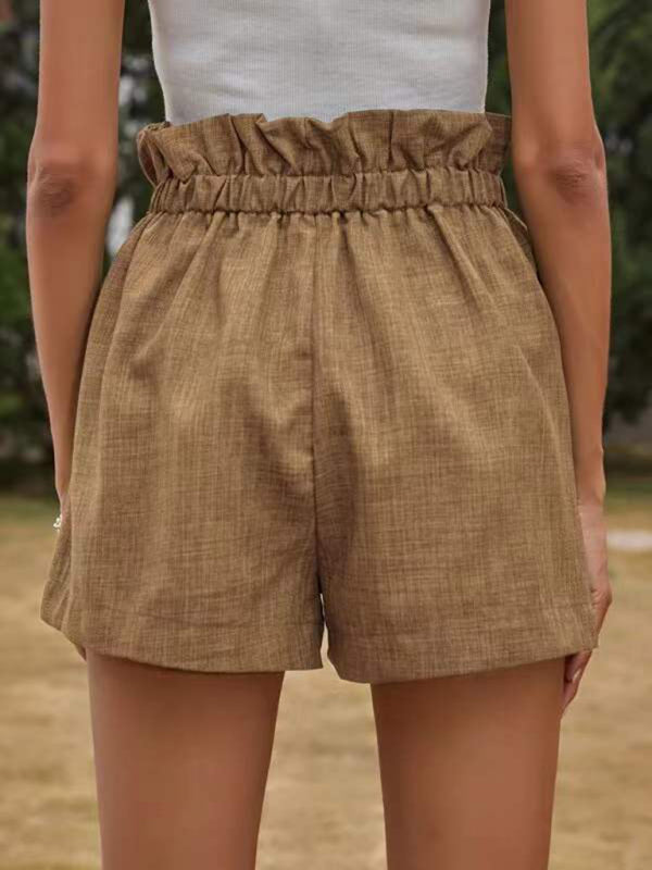 Women's Solid Color Textured Ruffled Drawstring Pull-on Shorts