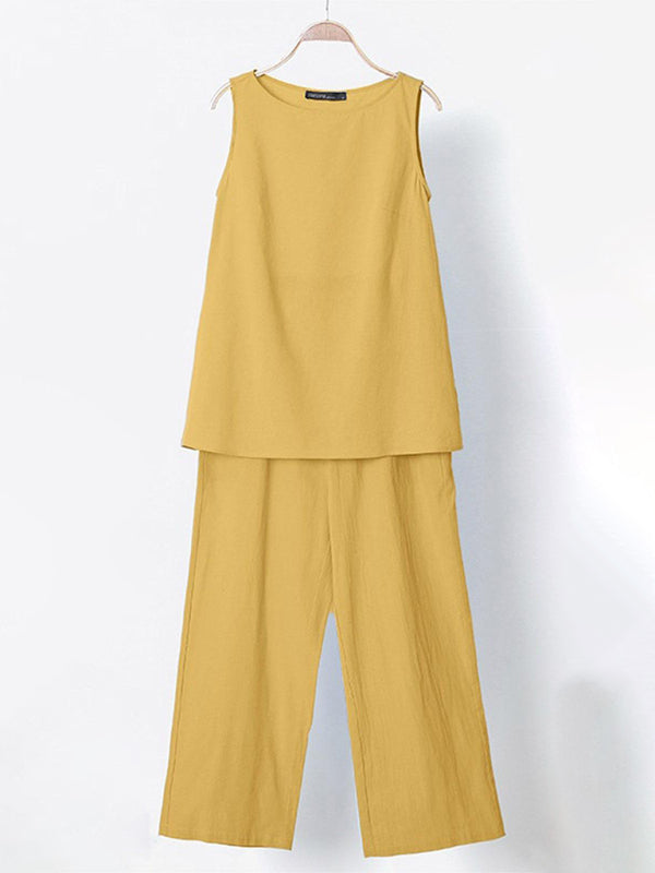 Women's Solid Color Crew-neck Sleeveless Linen And Cotton Top With Matching Wide-leg Pants