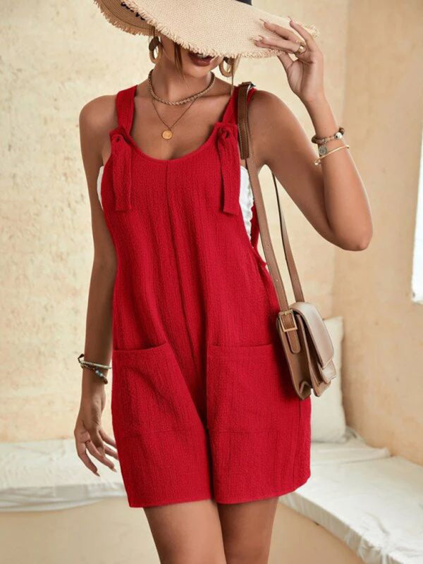 Women's Solid Color Patch Pocket Lace Up Casual Overalls